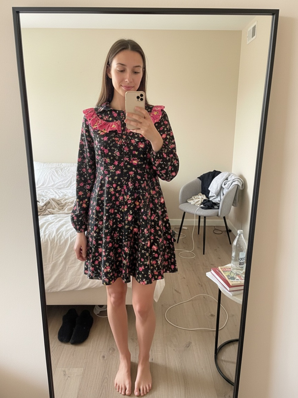 ASOS Black Floral A-Line Long-Sleeve Dress with Pink Ruffle Collar. FITS SZ US 4